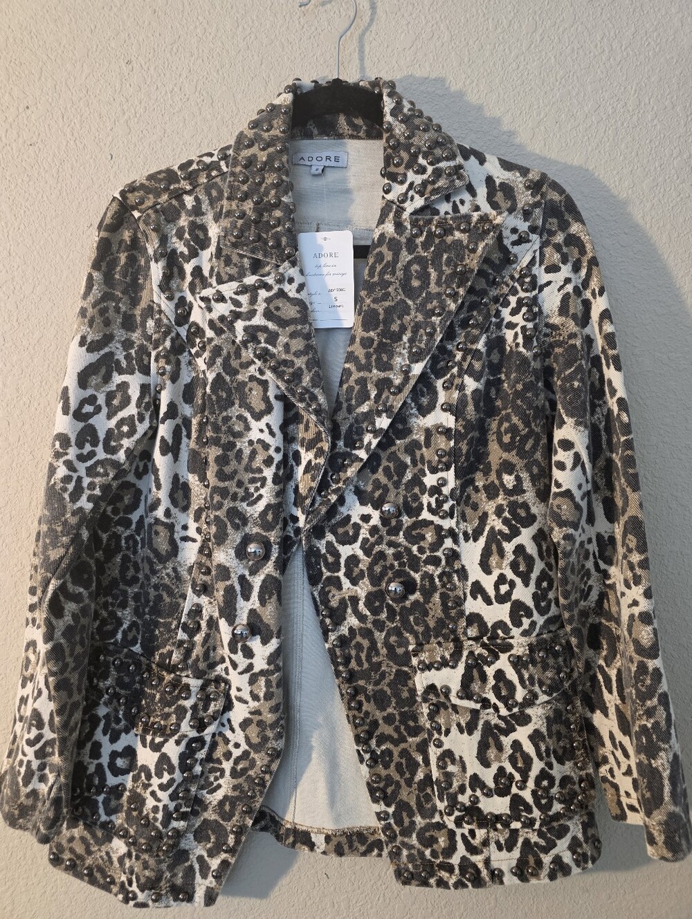 Adore Leopard Print Studded Double-Breasted Blazer in Black & Cream